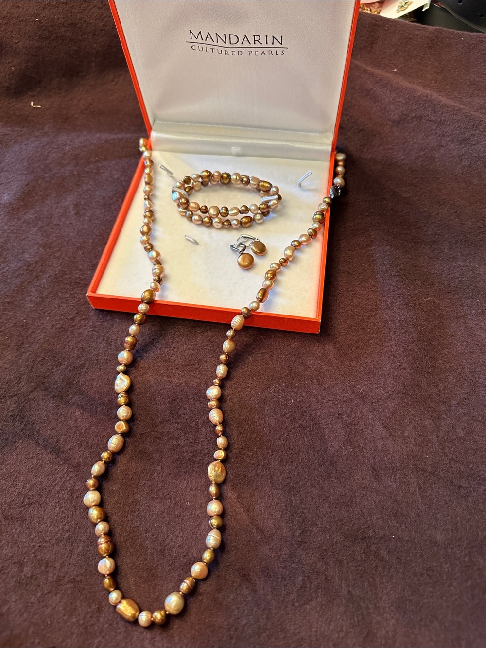 Mandarin Cultured Pearl Set - Necklace, Bracelet & Earrings